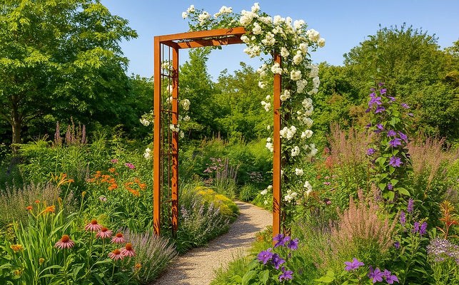 Romantische tuinontwerpen met een metalen rozenboog