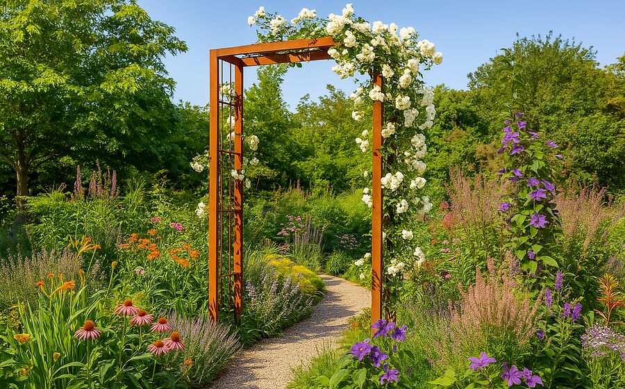 Romantische tuinontwerpen met een metalen rozenboog